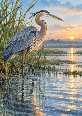 A blue-gray heron stands with one leg raised beside reflective marsh water, reeds and a warm sunrise.