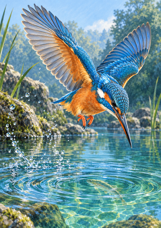 Blue-and-orange kingfisher with raised wings and pointed bill above a rippling forest pool surrounded by reeds and rocks.
