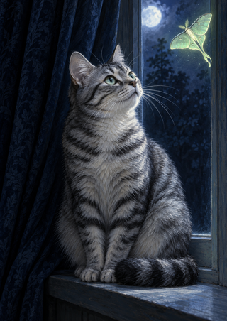 Silver-gray tabby cat seated on a dark windowsill, gazing up at a pale green glowing moth near a moonlit window and patterned curtain.