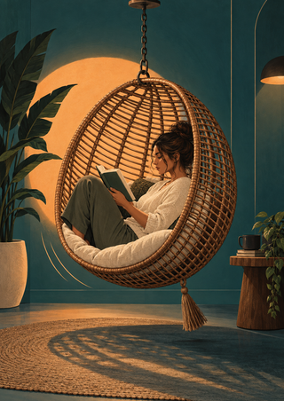 Adult reading an open book in a chain-suspended woven egg chair in a teal room with plants, a lamp, side table, and rug.