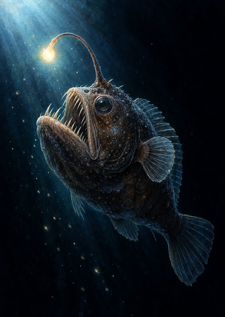 Dark deep-sea anglerfish angled upward in near-black water, with open toothed jaws, visible fins, and a glowing bulb on an arcing lure.