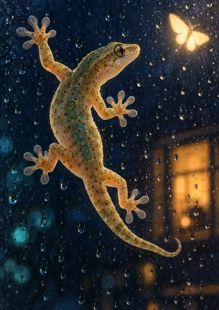 Pale speckled gecko gripping rain-covered glass, with a glowing insect-like shape and amber reflection against a dark blue background.