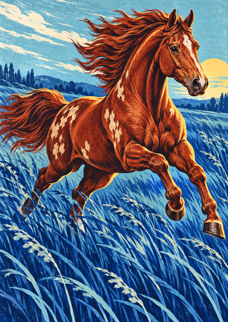 Chestnut horse with ivory patches leaping through tall blue grasses beneath a low sun.