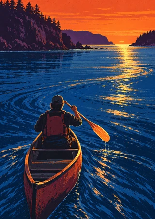 Rear-view paddler in a red-orange canoe heading toward a golden sunset opening between dark, forested headlands, with a bright reflection on the water.