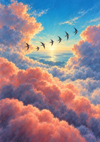 Six dark swallow-like birds fly in a curved line through a bright turquoise opening in coral-pink and violet clouds.