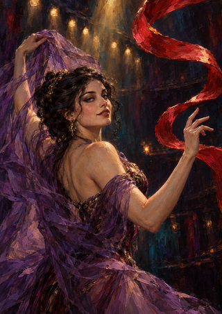 An adult woman dances in a translucent violet veil, lifting it with one hand while reaching toward a sweeping red ribbon on a dimly lit stage.