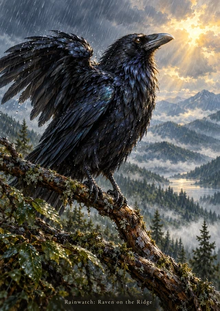 Close-up black raven with one wing raised on a wet branch, with misty mountains, forest, and rain behind it.