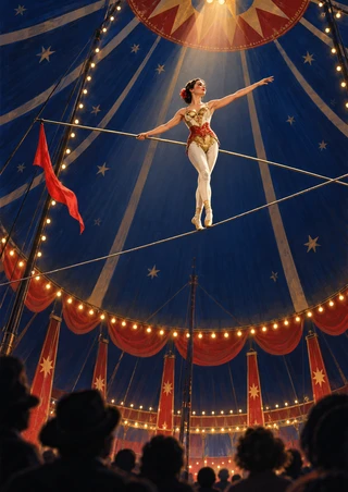 Adult performer balancing on a taut rope beneath a dark blue circus canopy, holding a long pole with a red pennant as spectators watch below.