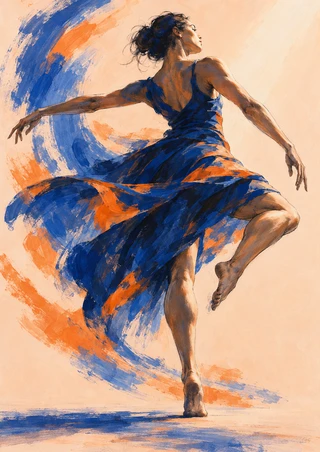Adult dancer in a flowing blue costume balancing on one foot, surrounded by circular blue and orange brushstrokes on a pale peach ground.