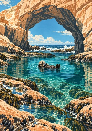 A small otter floats in a turquoise pool beneath a sandstone arch, with rocky shelves, open sea, sky, and white surf beyond.