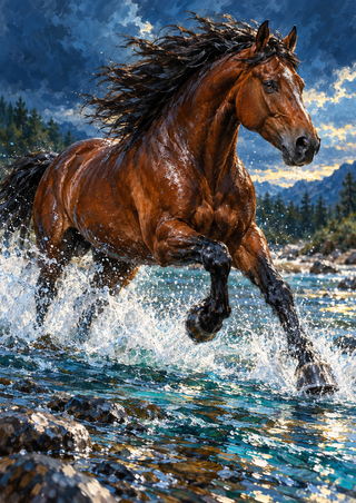 Painterly bay horse facing right as it runs through turquoise water, with spray, trees, and a dramatic blue sky.