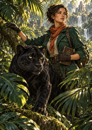 Adult woman in a green field jacket and copper scarf holding a notebook beside a black panther in a leafy jungle with a distant waterfall and ruins.