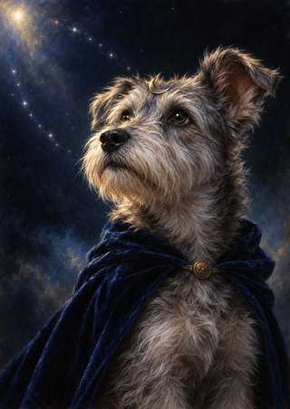 Silver-gray shaggy terrier in a deep blue cape with a bronze clasp and crescent ornament, looking up toward a bright star against a cloudy night sky.