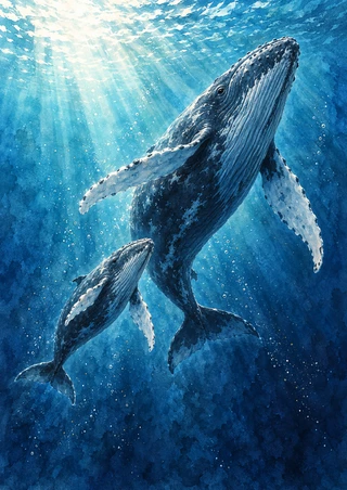 Large whale and smaller calf ascend together through blue water beneath a bright surface with light rays and bubbles.