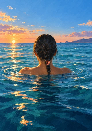 Swimmer seen from behind, with a braid and coral clip, treading in open water as a low sun reflects across concentric ripples.