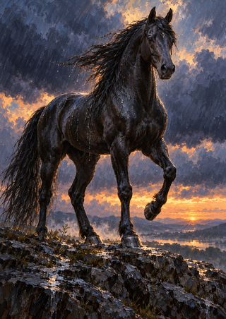 Black horse with windblown mane and tail standing on a rocky ridge beneath storm clouds and a bright apricot sunset band.