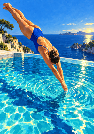 Adult swimmer in a cobalt swimsuit diving headfirst toward circular ripples in a turquoise pool, with a sunny coastal horizon.
