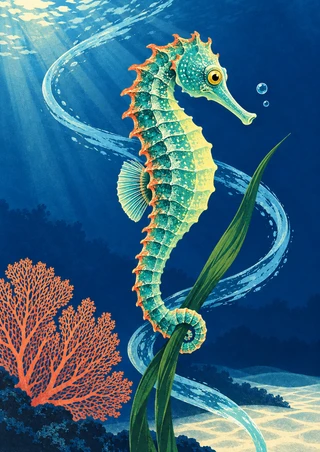 Turquoise and green seahorse swimming upright with its curled tail around seagrass, surrounded by a pale current, coral, bubbles, and sandy seabed.