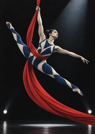 Fully clothed aerial performer in a cobalt-and-ivory geometric leotard hangs diagonally from a red silk, one hand gripping overhead as her other arm extends and her legs form a split.
