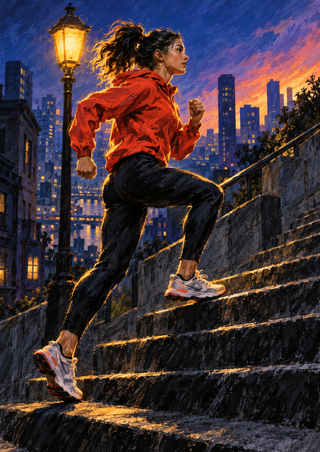 Woman in a vermilion jacket running up broad urban steps at dusk beneath a glowing streetlamp.