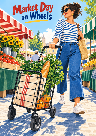Illustration of a smiling woman steering a black wire trolley with groceries through a sunny market beneath striped awnings; title lettering at top.