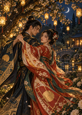 Two dancers in patterned robes turn together beneath flowering branches, surrounded by glowing lanterns, a crescent moon, a bridge, and water.