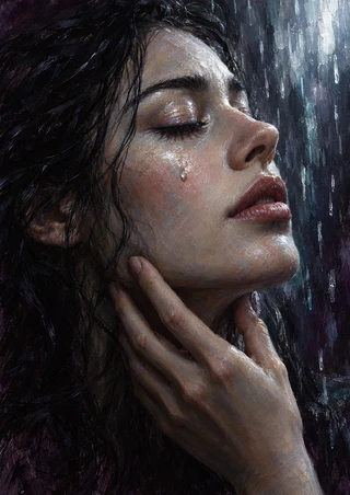Close portrait of a woman with eyes closed and a bright raindrop on her cheek, her hand beneath her jaw and rain-like strokes at right.