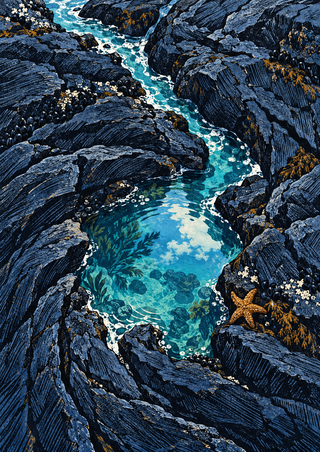 Amber five-armed sea star beside a luminous turquoise tidepool winding between dark striated rocks.