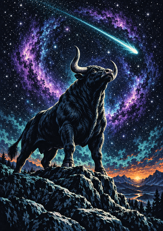 Dark bull on a rocky ridge beneath a diagonal meteor and violet-blue arc of stars, with an orange horizon glow.