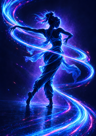 Blue-lit dancer turning among looping cyan, electric-blue, and pink light trails on an indigo background.