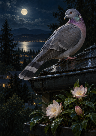 Slate-gray pigeon with a banded tail perched on a wet rooftop above flowering plants, with a moonlit lake behind.
