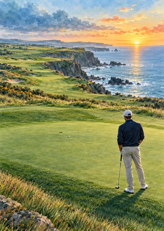 Back-facing golfer on a coastal putting green, with a small ball and cup, cliff-lined fairway, ocean, and sunrise.