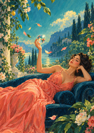 An adult woman in a coral dress reclines on a dark teal chaise and raises a glowing orb, framed by garden foliage with a lake and hills behind her.