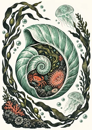 Sea-glass-green spiral shell containing a miniature underwater scene with a coral-colored crab, anemone-like forms, and seaweed, surrounded by kelp and jellyfish.