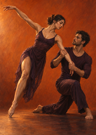 Two dancers in plum costumes hold a supported contemporary-ballet balance against a burnt-orange background.