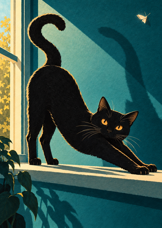 Black cat stretching forward on a sunlit windowsill, with amber eyes, curled tail, wall shadow, and a small moth.