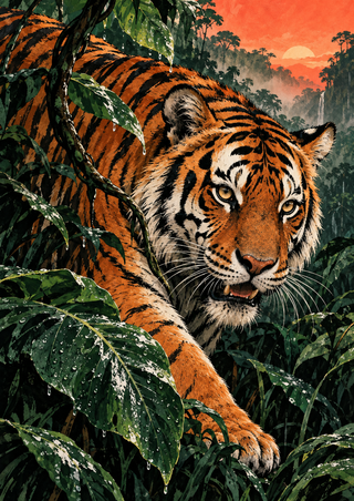 Close view of a Bengal tiger advancing through rain-speckled tropical foliage, with its face turned toward the viewer and a coral-orange sky behind it.