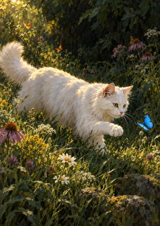 Fluffy white cat crouching in meadow grass and reaching toward a bright blue butterfly, with orange butterflies and wildflowers against dark foliage.
