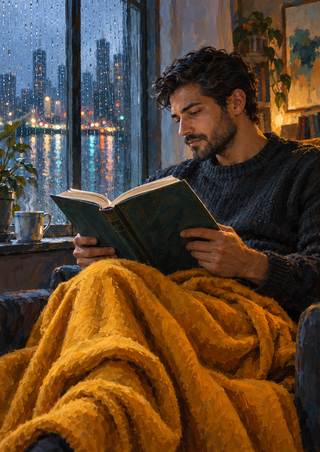 Bearded man in a dark sweater reading an open book beside a rainy window, with blurred city lights, plants, a cup, and a mustard-yellow blanket.