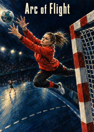 A woman handball goalkeeper in red leaps toward a ball beside a red-and-white goal, under the title Arc of Flight.