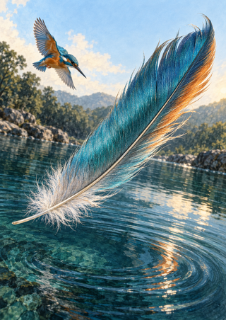 An oversized blue-green feather sweeps over rippled water as a small blue-and-orange kingfisher flies in the background.