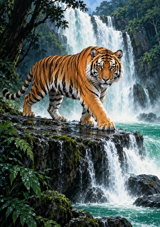 Orange tiger stepping onto a wet rock ledge above a forest waterfall, framed by dark green foliage and jade water.