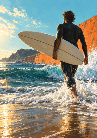 Rear-view surfer carrying a pale longboard through white shorebreak foam, with an orange sea wall, teal water, and distant headland.