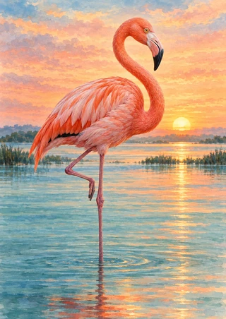Coral-pink flamingo standing on one leg in shallow teal water, with its other leg raised beneath a peach sunset sky.