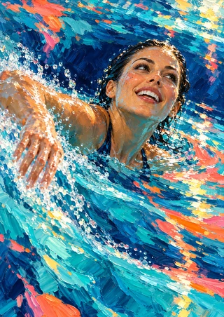 Smiling adult woman swimmer surfacing in bright water, with one arm sweeping toward the lower-left edge amid colorful strokes.