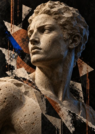 Pale stone bust turned left against a dark background with fractured cream, rust, charcoal, and vivid blue shapes.