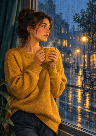 Illustration of a woman in a mustard sweater holding a cup beside a rainy window, with amber streetlights and a bicycle outside.