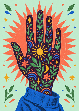 Colourful open hand filled with leaves, flowers, stars, and sun motifs, with a blue cuff and coral sunburst on pale mint.