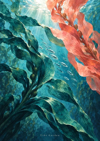Opposing teal and coral-pink kelp fronds frame small silvery fish in sunlit blue-green water, with “Tide Garden” lettered at the bottom.