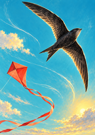 Dark swift-like bird banking upward beside a red-orange geometric kite with a curling ribbon tail in a turquoise sky.